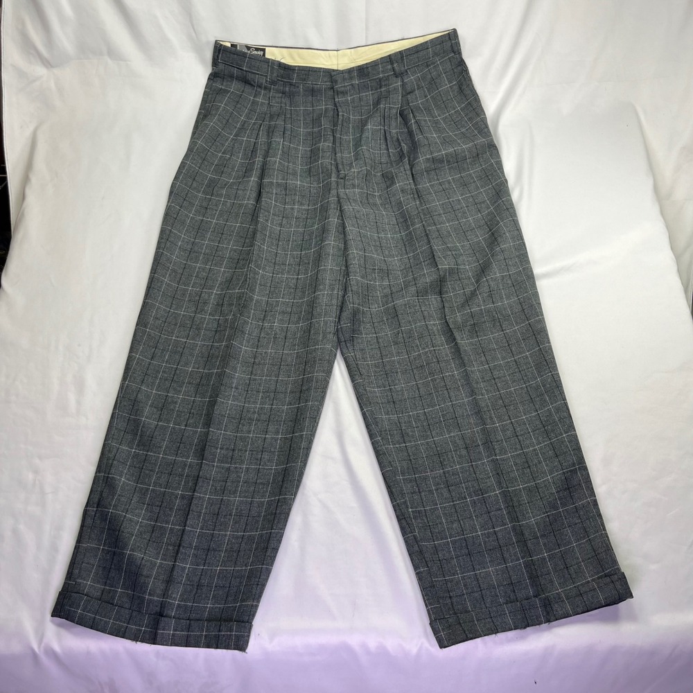Smokey Joe's Wide Leg Trousers Gray Windowpane Plaid Cuffed 42L FDR-2936